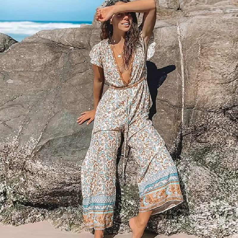 Casual Cotton Deep V-Neck Ankle-length Wide Legs Pants Long Jumpsuit