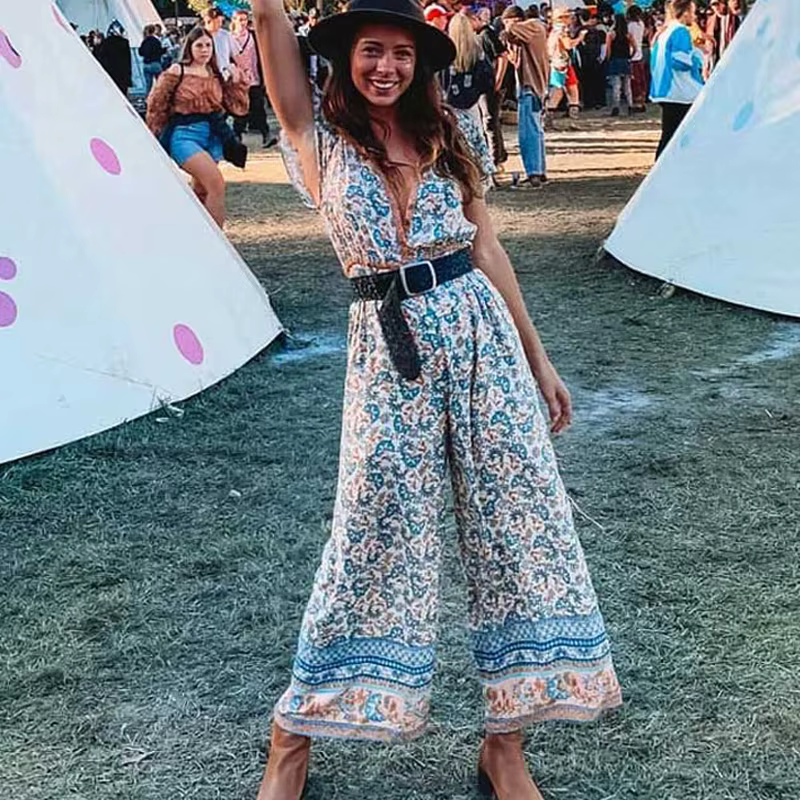 Casual Cotton Deep V-Neck Ankle-length Wide Legs Pants Long Jumpsuit - Image 3