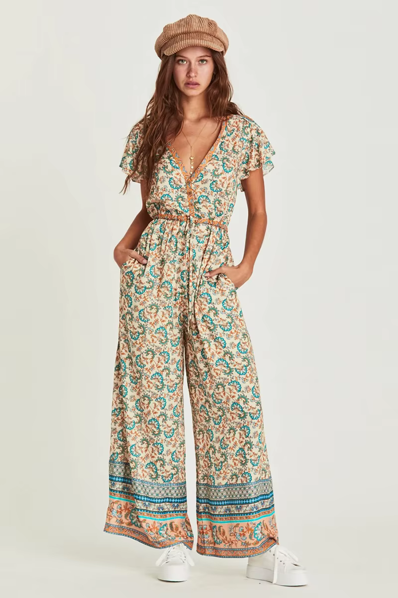 Casual Cotton Deep V-Neck Ankle-length Wide Legs Pants Long Jumpsuit - Image 4