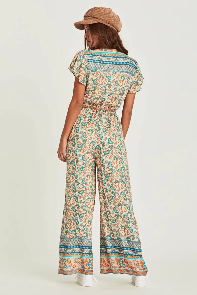 Casual Cotton Deep V-Neck Ankle-length Wide Legs Pants Long Jumpsuit - Image 5