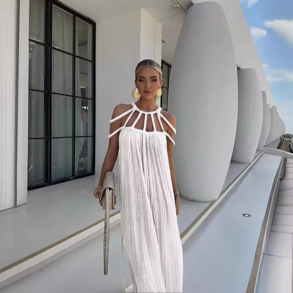 Casual Cotton Slash Neck Knitted Backless Beach Boho Strapless Maxi Dress - Image 9