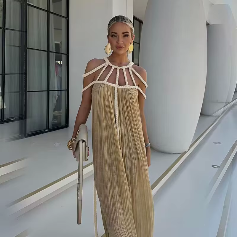 Casual Cotton Slash Neck Knitted Backless Beach Boho Strapless Maxi Dress - Image 3