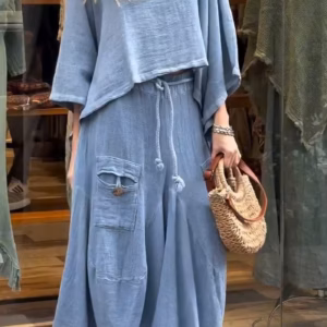 Casual Cotton and Linen Loose Solid Color Irregular Top Waist Pocket Skirt Two-piece Set