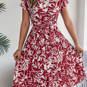 Casual Crew Neck Short Sleeve Floral Print Belted Dress