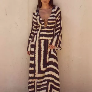 Casual Cut-Outs Deep V-Neck Flared Sleeve Floor Length Maxi Dress