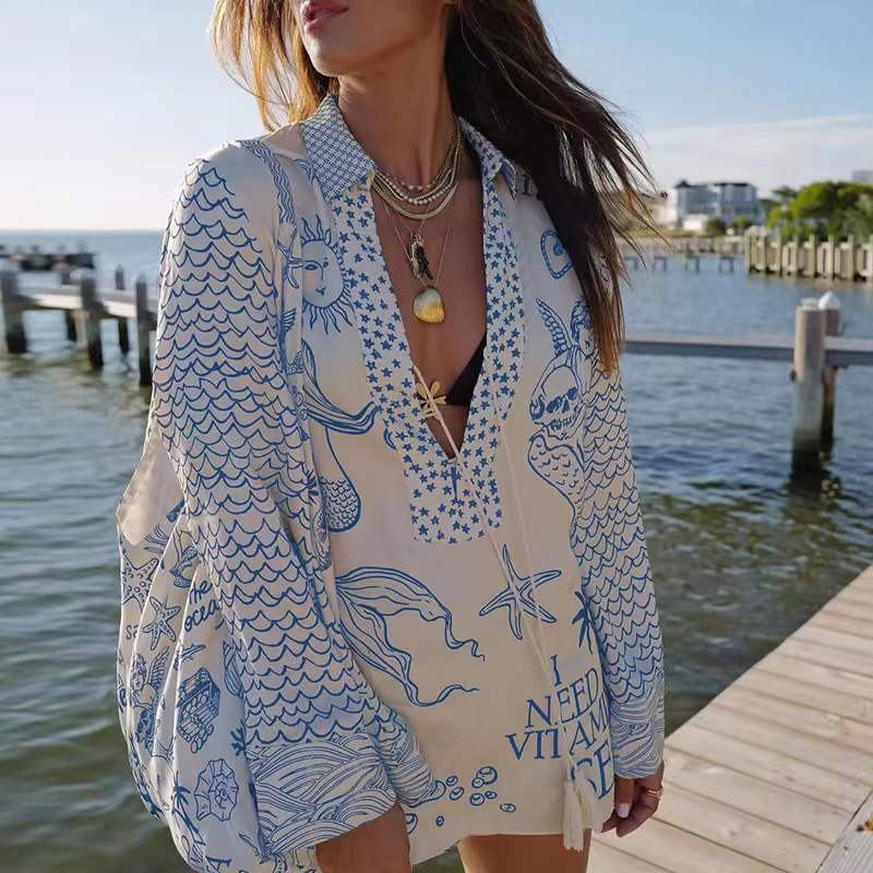 Casual Deep V-Neck Lace Up Pattern Printed Long Sleeve Two Piece Sets - Image 3