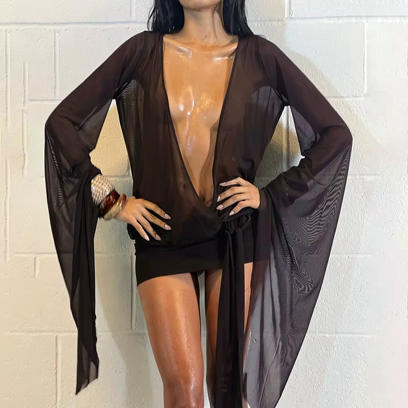 Casual Deep V Neck Long Sleeve See Through Mesh Shirtdress Mini Dress