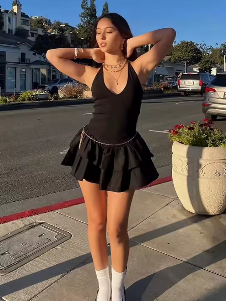 Casual Deep V-Neck Sleeveless Backless Pleated Elasticity Beach Party Mini Dress - Image 2