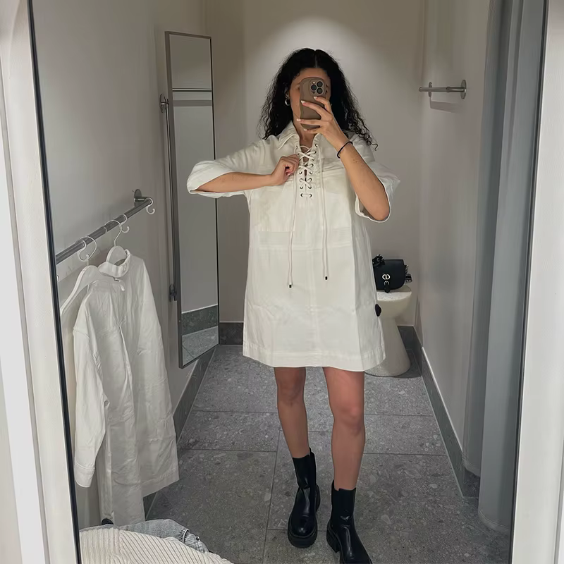 Casual Denim Drawstring Lapel Pockets Half Sleeve Short Mini Dress