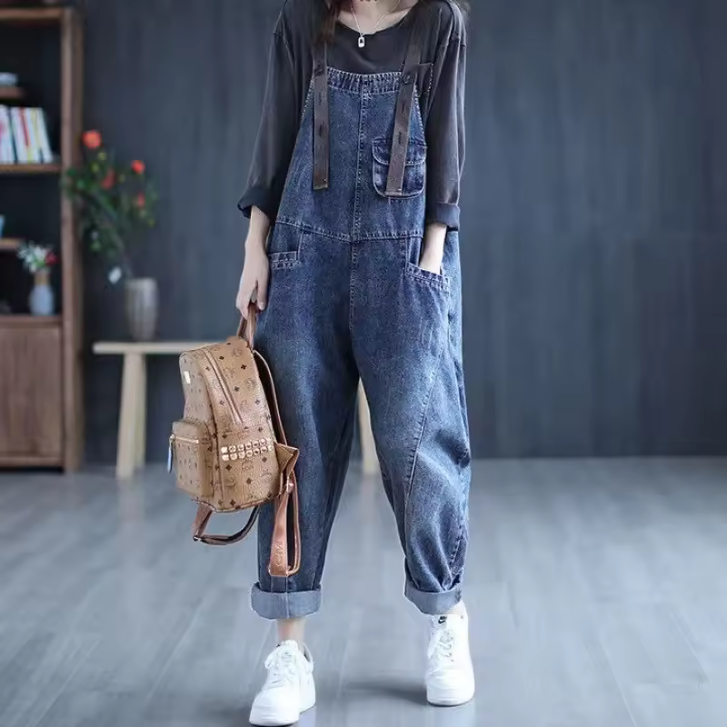Casual Denim High Waist Age-reducing Denim Pocket Pants Jumpsuits