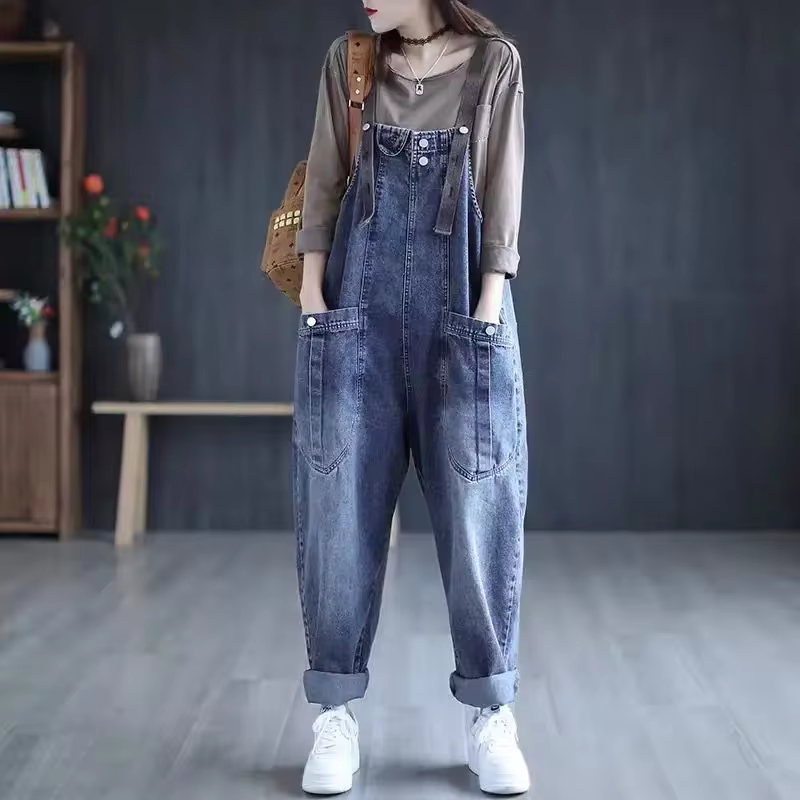 Casual Denim High Waist Vintage Loose Fit Pocket Pants Jumpsuits
