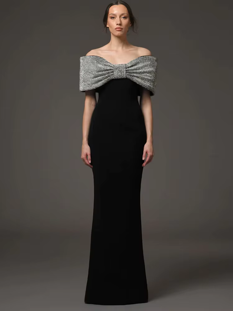 Casual Diamonds Bow Slash Neck Off The Shoulders Long Maxi Dress