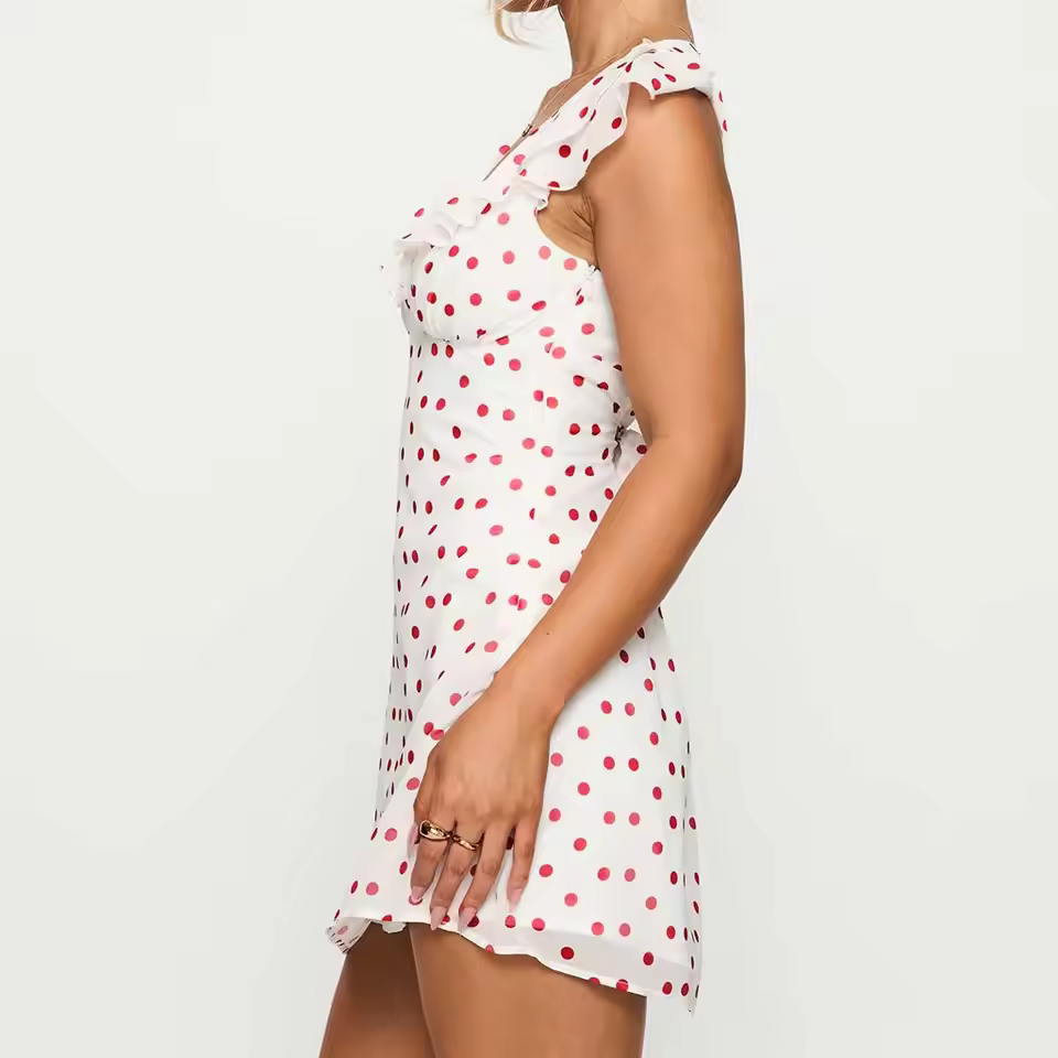 Casual Dot Print Ruffle V Neck Flying Sleeve Layered Tie-up Belted A-line Party Short Mini Dress - Image 7