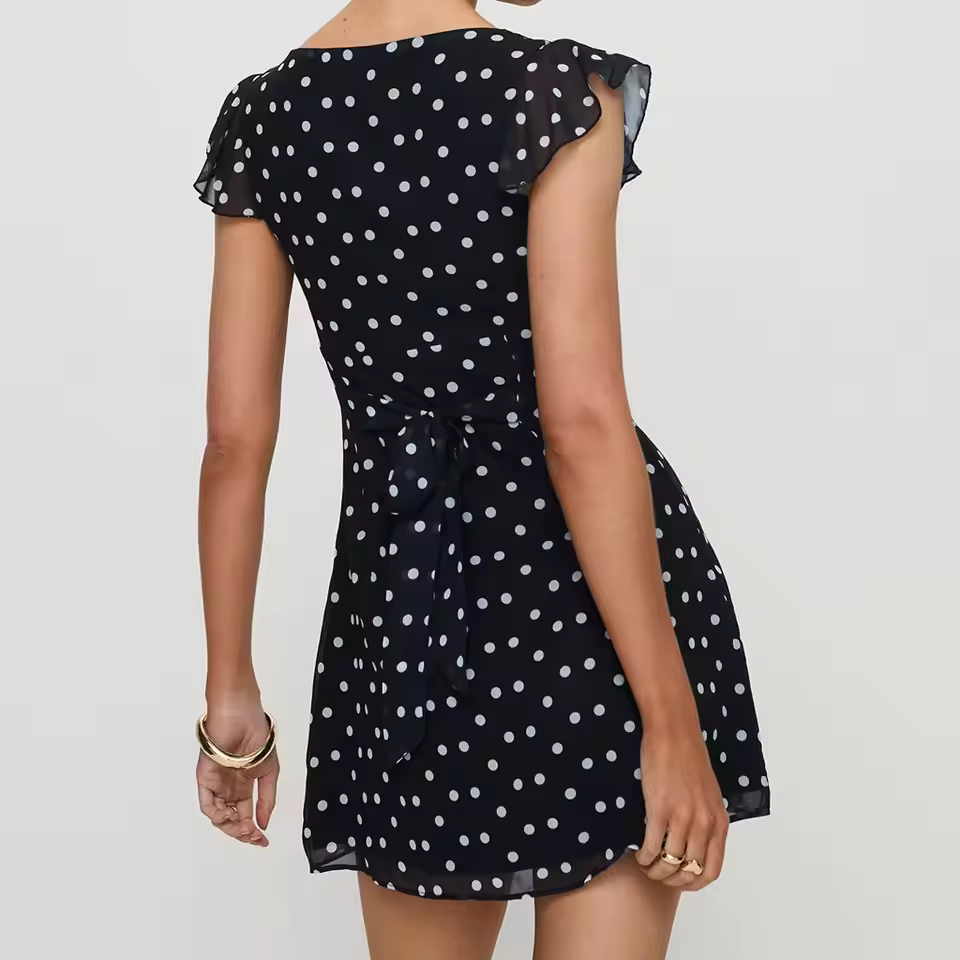Casual Dot Print Ruffle V Neck Flying Sleeve Layered Tie-up Belted A-line Party Short Mini Dress - Image 5