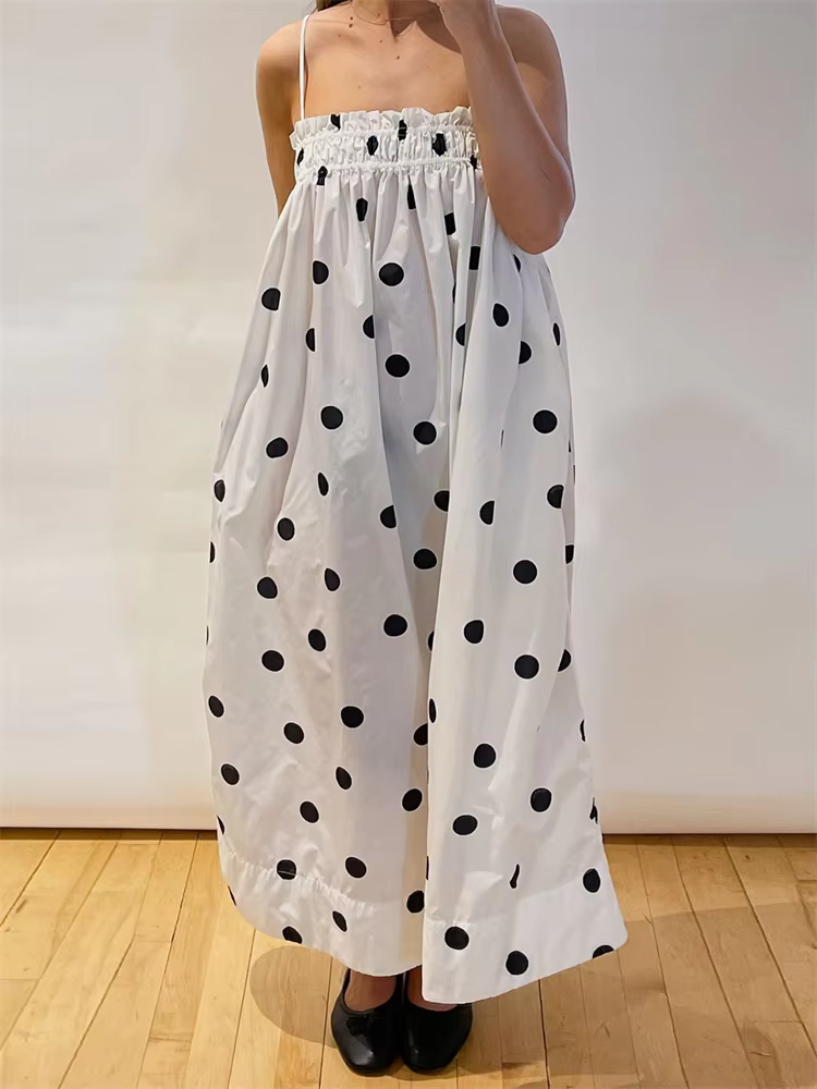 Casual Dot Print Ruffles Sleeveless Spaghetti Strap Loose Maxi Dress