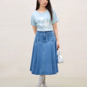 Casual Double Pocket Denim Pleated Slim Fit Skirt