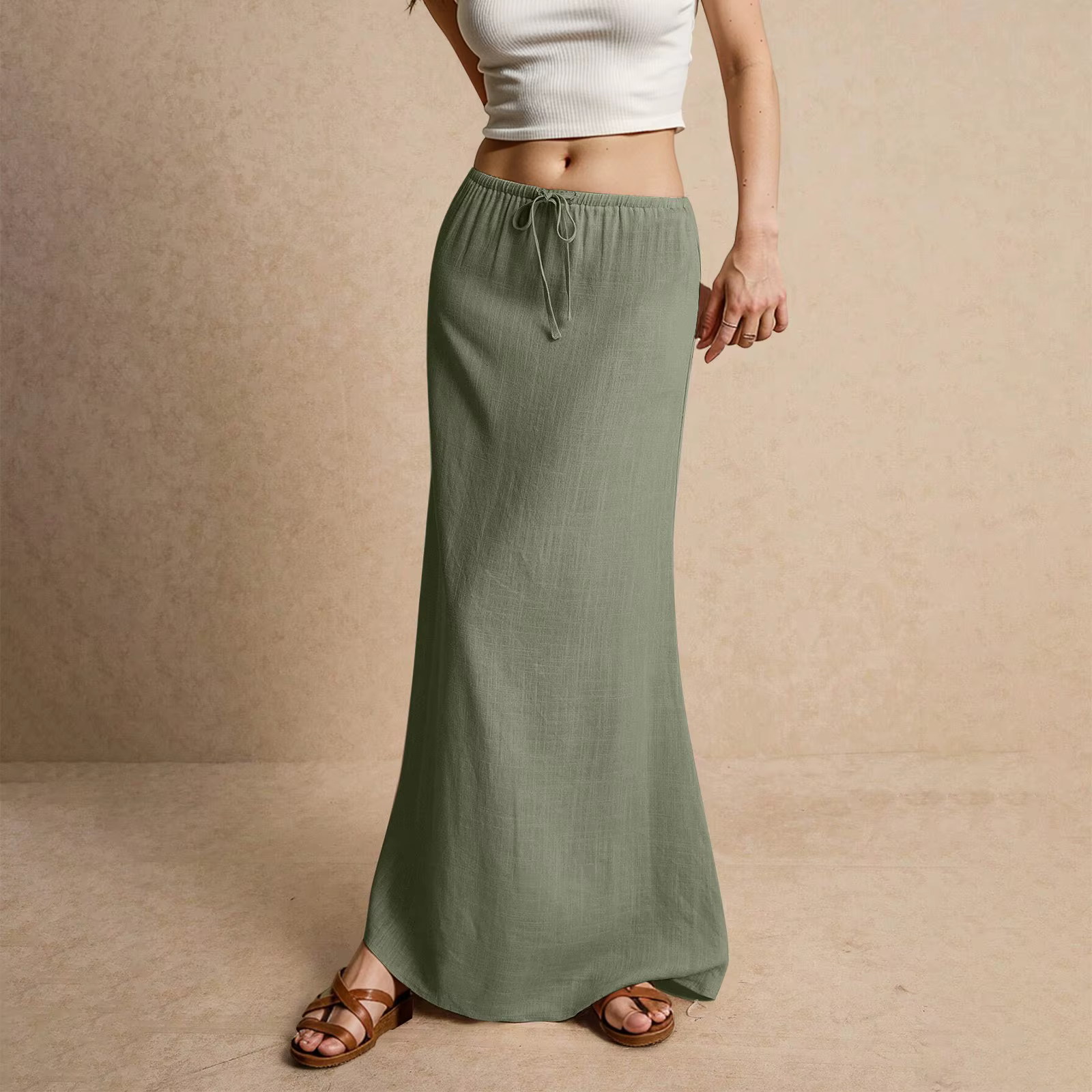 Casual Drawstring Low Waist A-Line Beach Style Bodycon Long Maxi Skirt