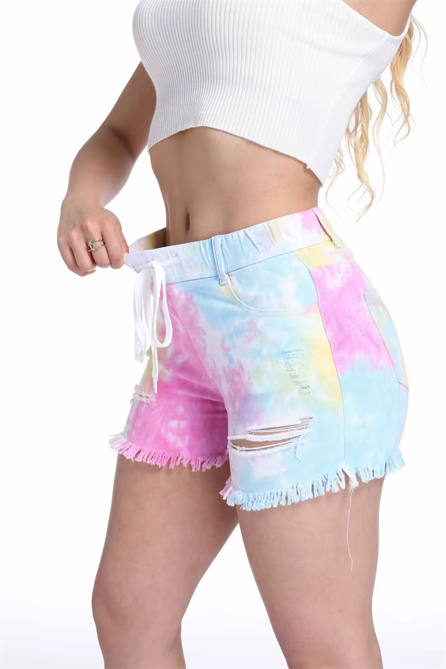Casual Drawstring Waist Fringed Hem Washed Hole Tie-dyed Streetwear Denim Shorts - Image 9