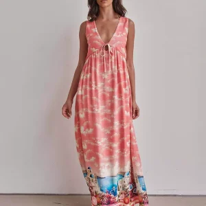 Casual Dreamy Cloud Pattern Ruffles Sleeveless V-neck Maxi Dress