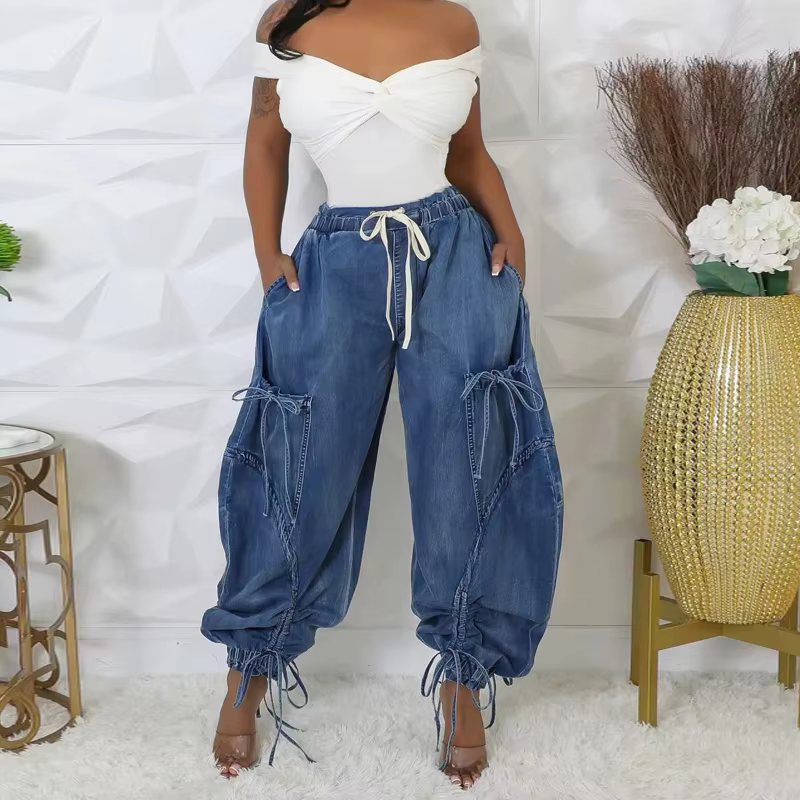 Casual Elastic Waist Drawstring Streetwear Multi-pocket Denim Pants