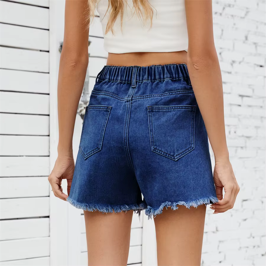 Casual Elastic Waist Frayed Hem Streetwear All-match Loose Jean Denim Shorts - Image 13