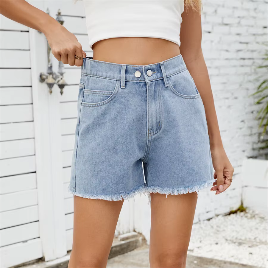 Casual Elastic Waist Frayed Hem Streetwear All-match Loose Jean Denim Shorts - Image 4
