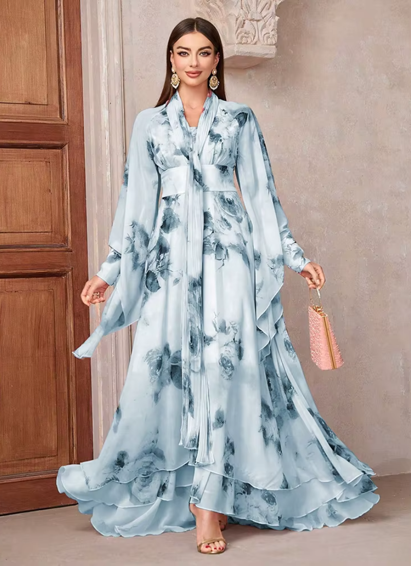 Casual Elegant Floral Print High Waist Bell Sleeve Maxi Long Dress - Image 5