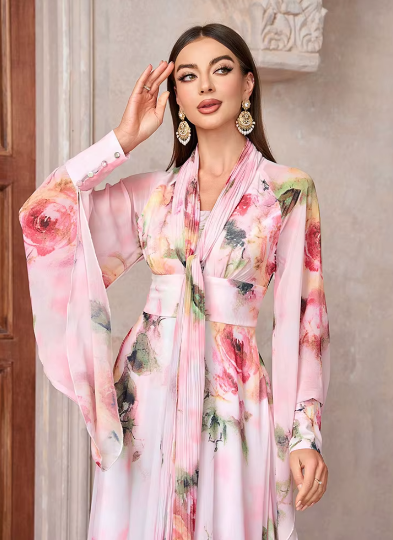 Casual Elegant Floral Print High Waist Bell Sleeve Maxi Long Dress - Image 3