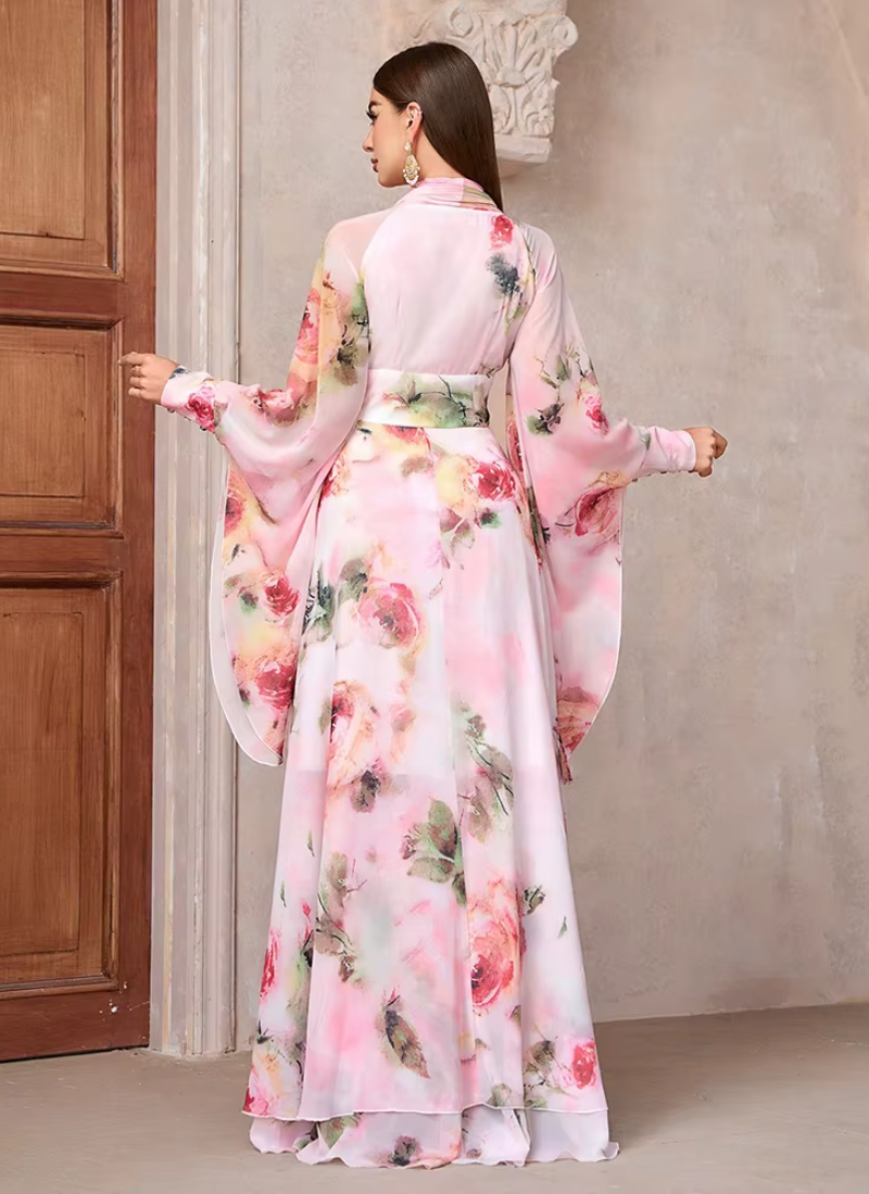 Casual Elegant Floral Print High Waist Bell Sleeve Maxi Long Dress - Image 2