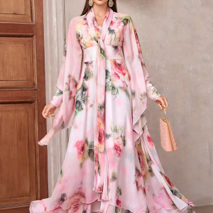 Casual Elegant Floral Print High Waist Bell Sleeve Maxi Long Dress