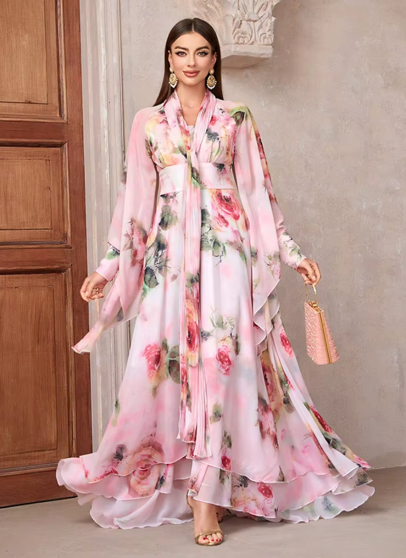 Casual Elegant Floral Print High Waist Bell Sleeve Maxi Long Dress