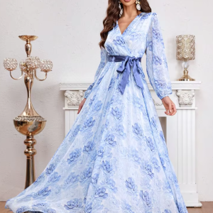 Casual Elegant V-Neck Lantern Sleeve Flower Printed Wrap Belted Long Maxi Dresses