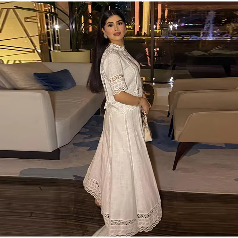 Casual Embroidery Hollow Out Top O-neck Short Sleeve Blouse Pleated A-line Long Skirts Two Piece Set - Image 5