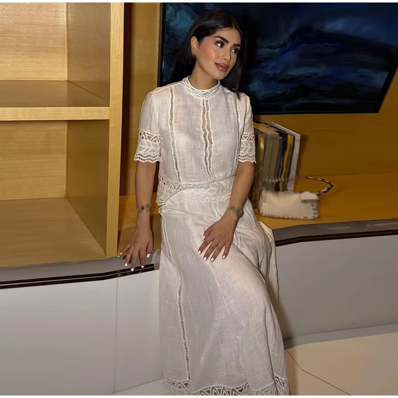 Casual Embroidery Hollow Out Top O-neck Short Sleeve Blouse Pleated A-line Long Skirts Two Piece Set