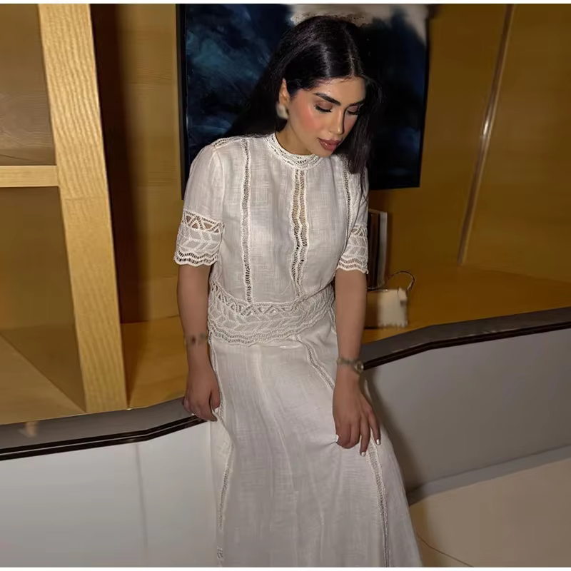 Casual Embroidery Hollow Out Top O-neck Short Sleeve Blouse Pleated A-line Long Skirts Two Piece Set - Image 6