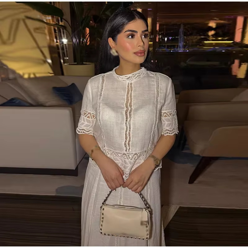 Casual Embroidery Hollow Out Top O-neck Short Sleeve Blouse Pleated A-line Long Skirts Two Piece Set - Image 3