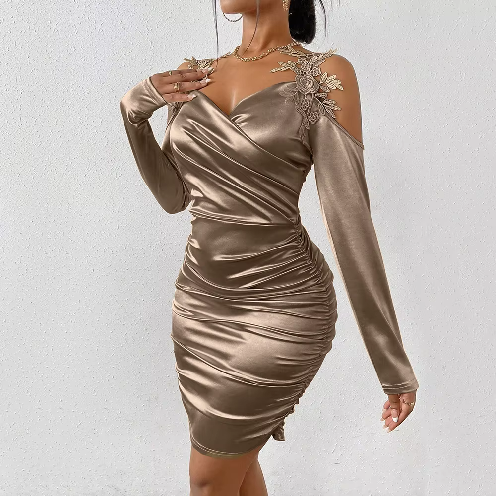 Casual Fitting Slim Cut-Out Long Sleeve Sweetheart Neck Wrap Dresses - Image 2