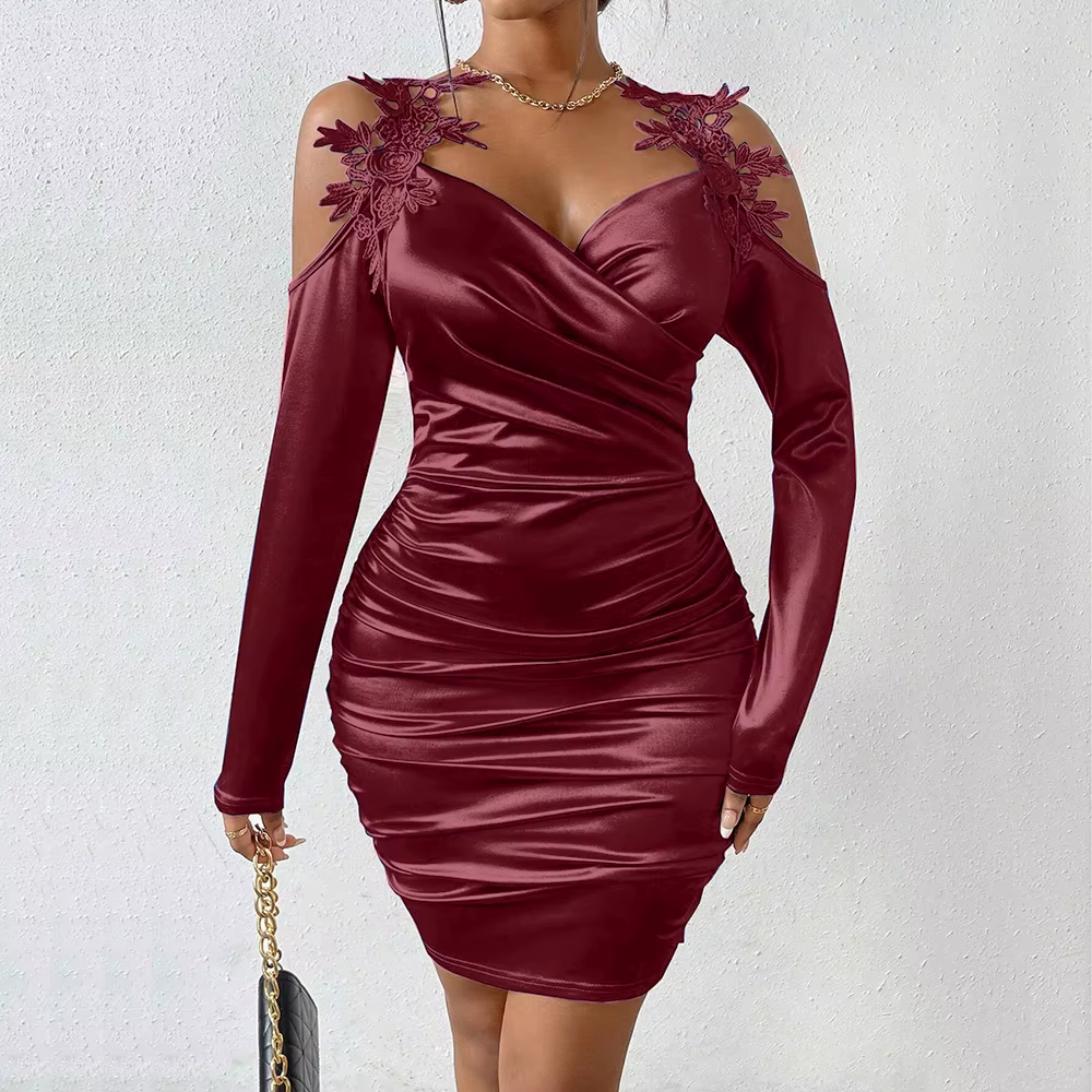 Casual Fitting Slim Cut-Out Long Sleeve Sweetheart Neck Wrap Dresses - Image 3