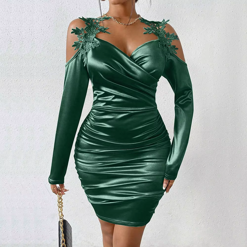 Casual Fitting Slim Cut-Out Long Sleeve Sweetheart Neck Wrap Dresses - Image 4