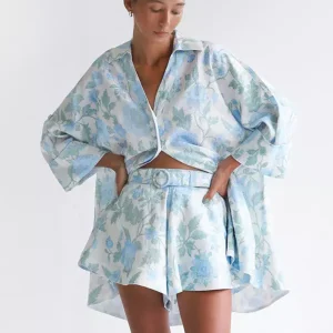Casual Flared Sleeve Floral Shirt And Flared Shorts With Belt Two-Piece Set