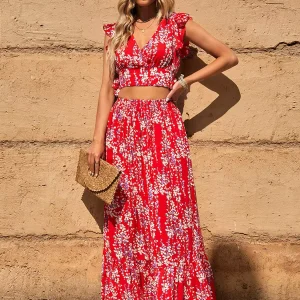 Casual Floral Flutter Sleeve Crop Top And Maxi Skirt Two Piece Set