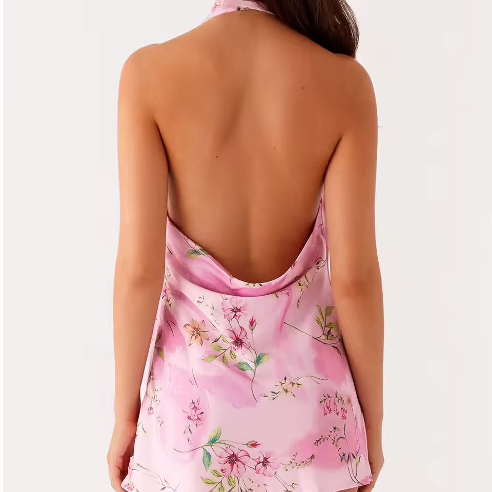 Trendy Floral Halter Neck With Scarf Back Silk Satin Bodycon Mini Dress - Image 2
