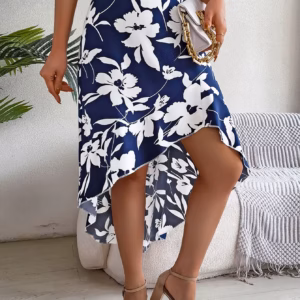 Casual Floral Print Asymmetric Ruffle Slight Stretch Mid-Calf Skirts