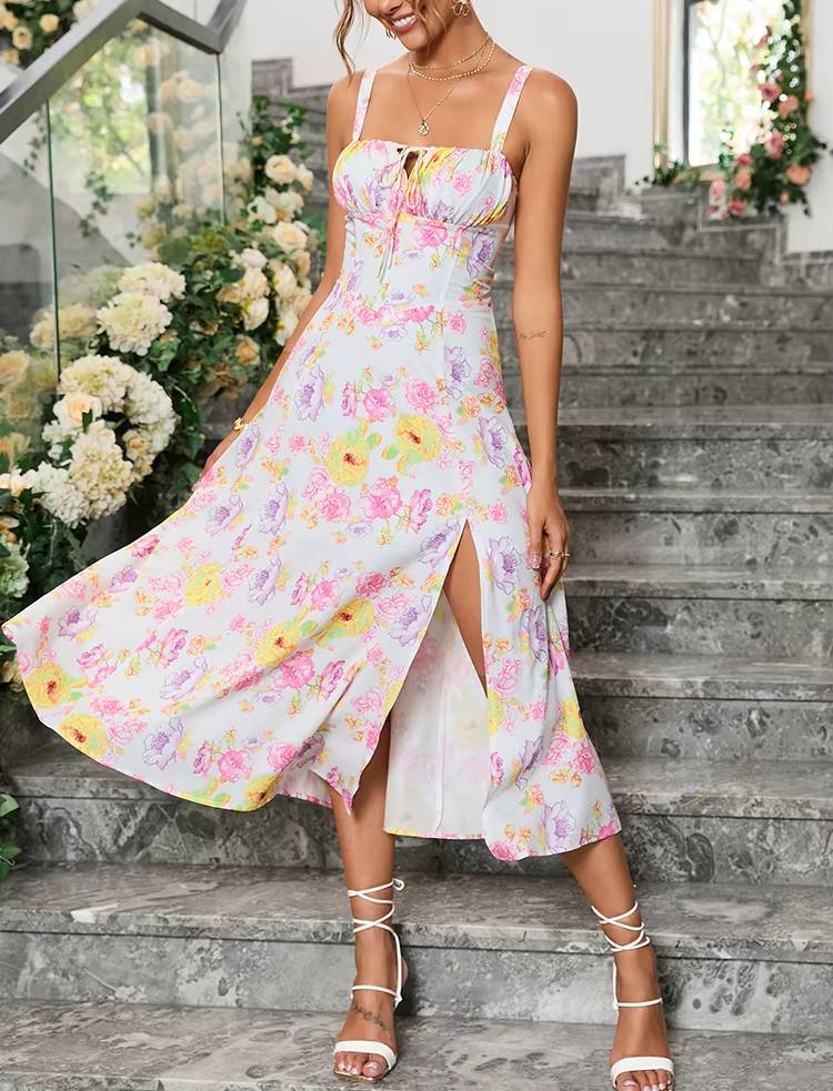 Casual Floral Print Boned Tie Up Split Adjustable Zip Midi Dress - Image 4