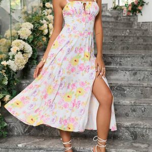 Casual Floral Print Boned Tie Up Split Adjustable Zip Midi Dress