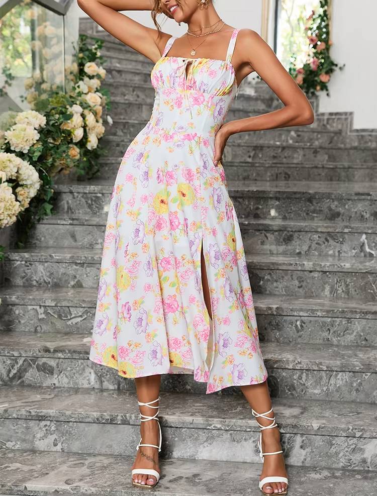 Casual Floral Print Boned Tie Up Split Adjustable Zip Midi Dress - Image 2