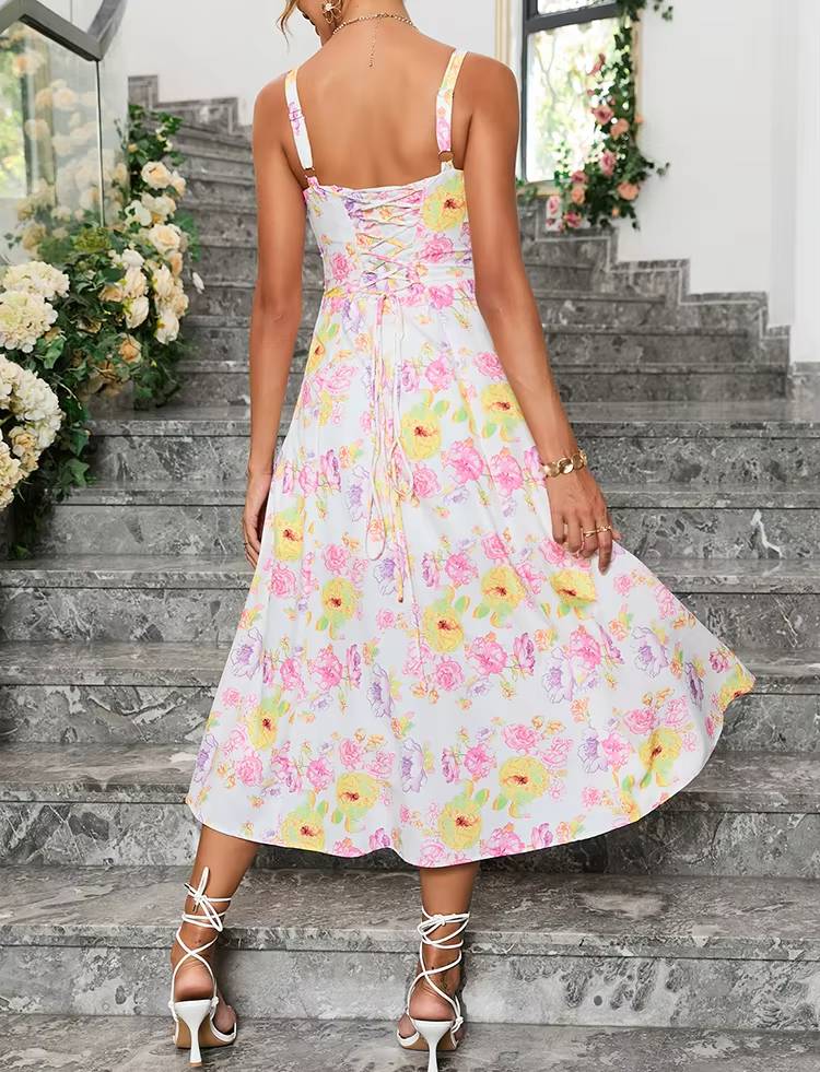 Casual Floral Print Boned Tie Up Split Adjustable Zip Midi Dress - Image 5