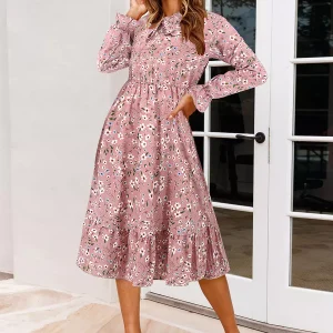Casual Floral Print Jewel Neck With Long Sleeve Bows Midi Dress