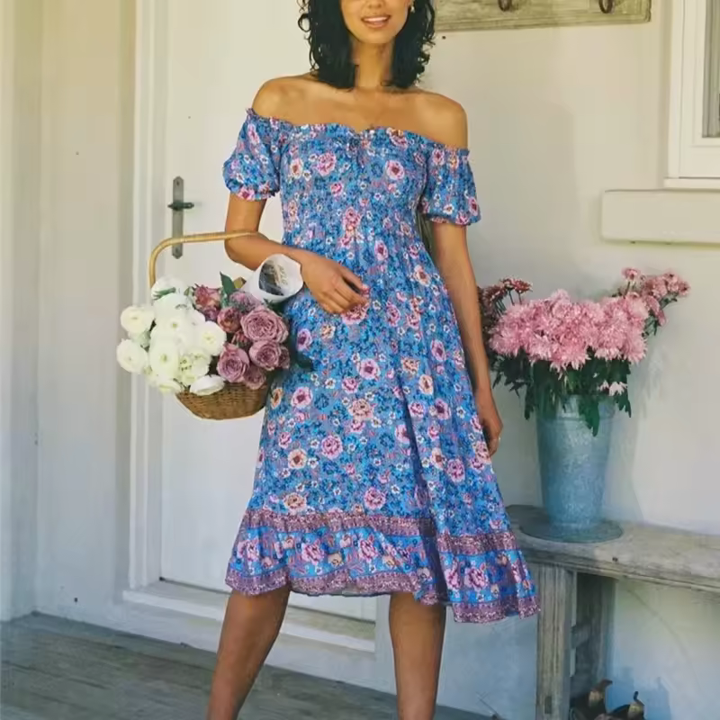 Casual Floral Print Off Shoulder Short Sleeve Beach Bohemian Midi Dresses
