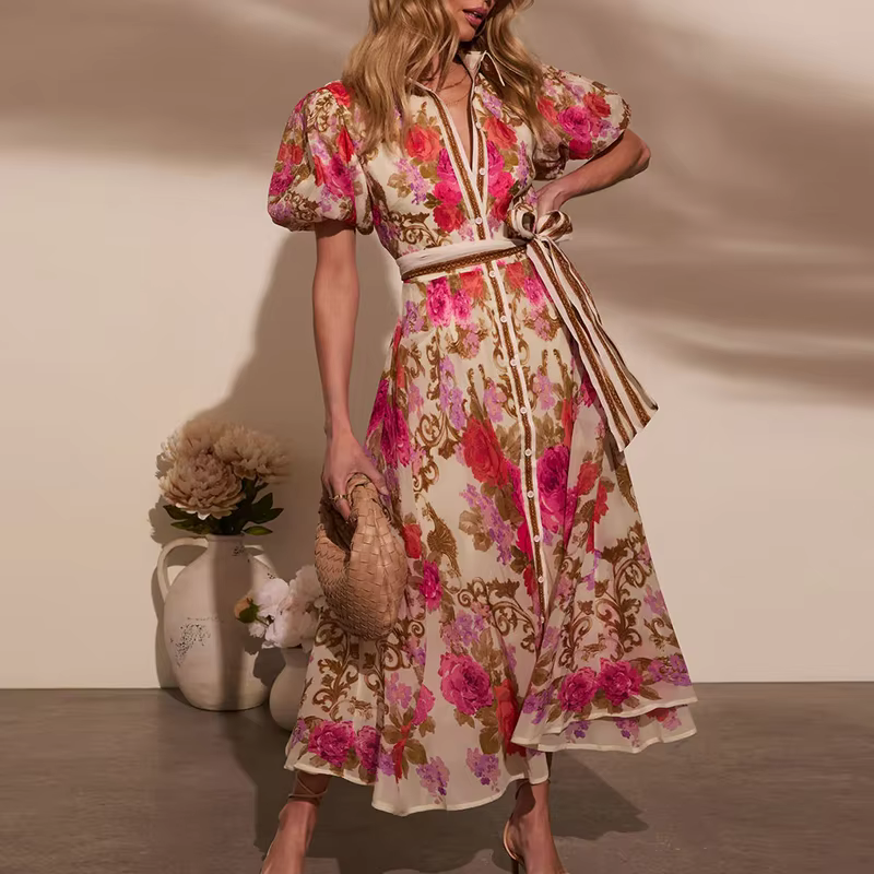 Casual Floral Print Single Breasted Bohemian Lace-up Long Shirts Dress